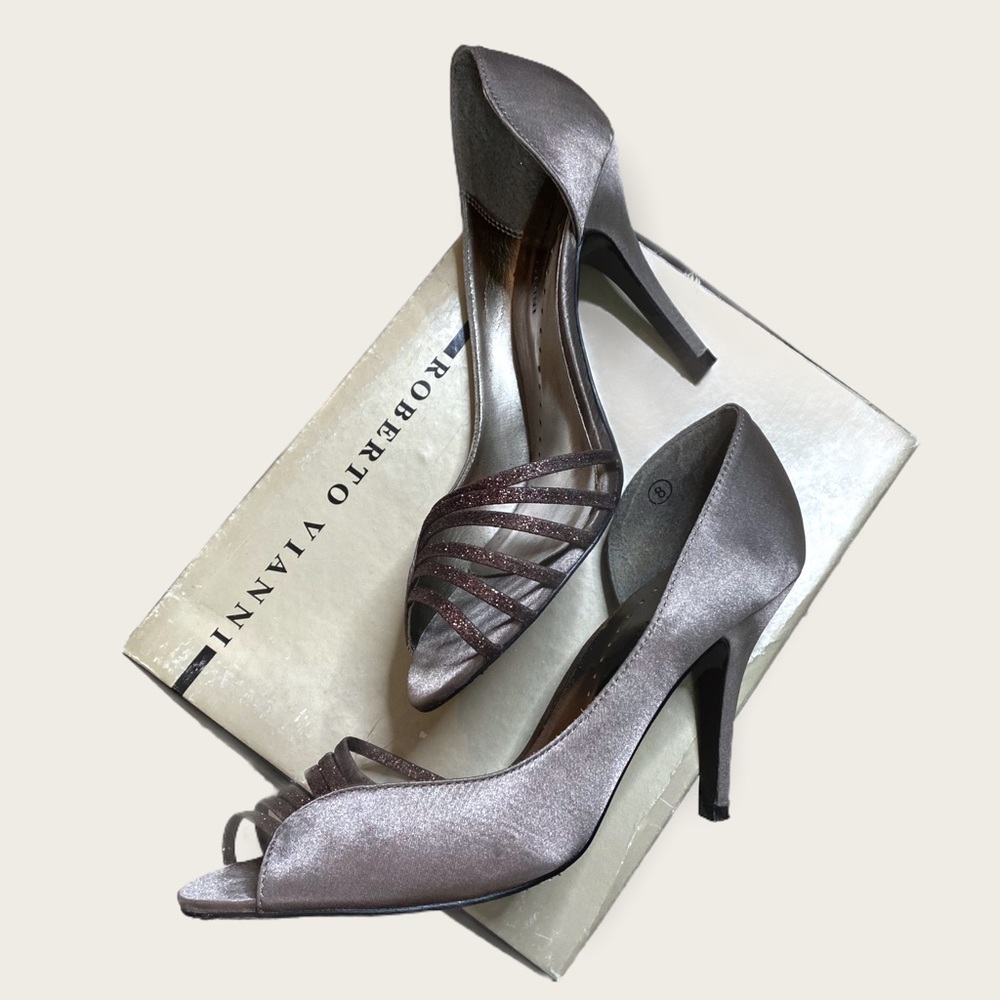 Roberto Vianni for Neiman Marcus (Size 8) Metallic Sheen Glitter Open-Toe Heels